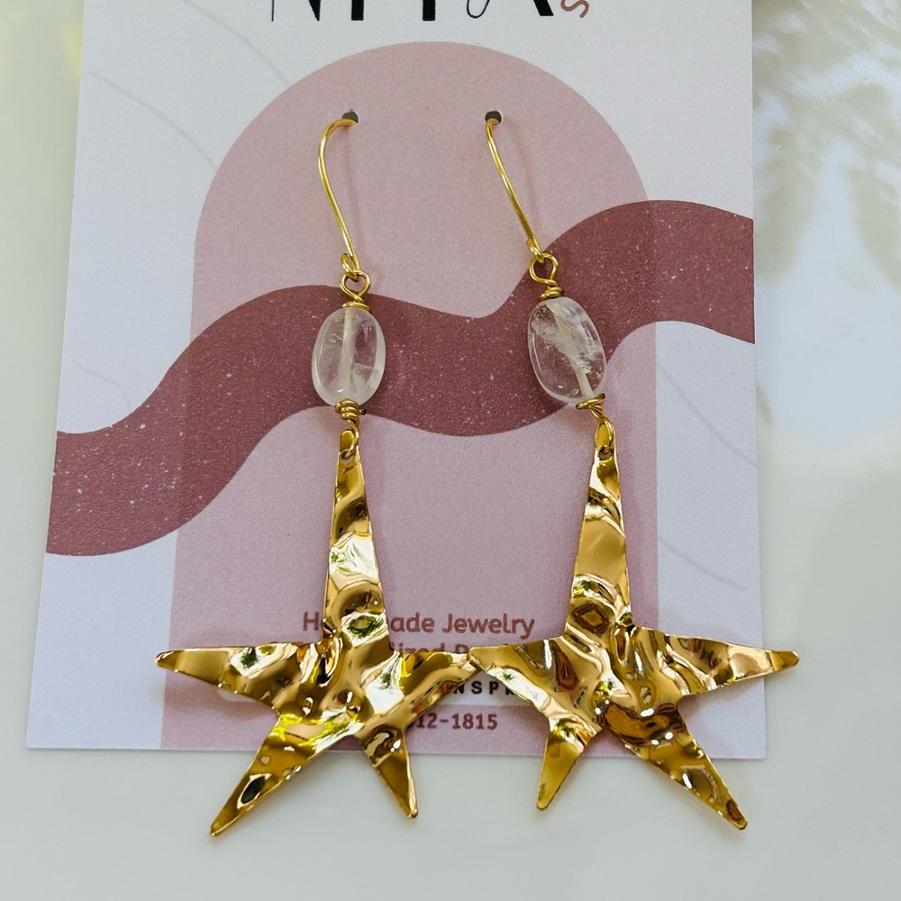 Gold Star Dangle Earrings with white quartz